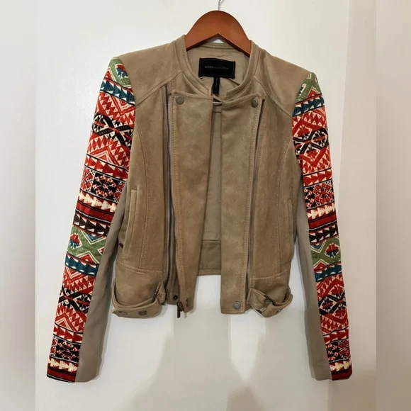BCBGMAXAZRIA Women Tan Aztec/Tribal Print Faux Suede Peter Moto Jacket Small - Picture 11 of 15